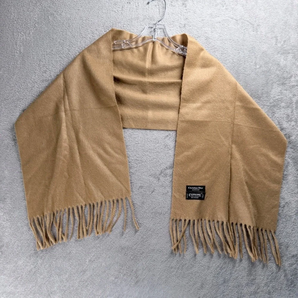 Vintage Christian Dior Monsieur Cashmaire Scarf Camel Tan Acrylic Fringe Japan